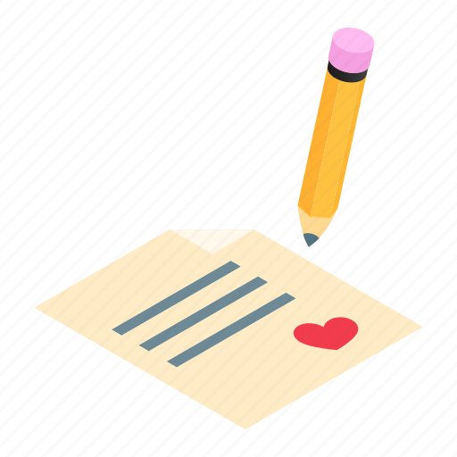 Heart, isometric, love, paper, pen, pencil, writing icon - Download on Iconfinder