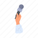 flat, icon, journalist, hands, microphones, device, equipment, record, interview