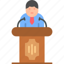 politician, microphone, podium, speaker, speech, icon