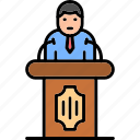politician, microphone, podium, speaker, speech, icon