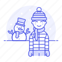 cold, earflap, gloves, hat, male, meteorology, pom, snow, snowman, weather, winter