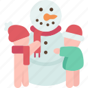 snowman, children, winter, snow, playing