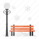 winter, snow covered, park bench, street light, birch bench, christmas
