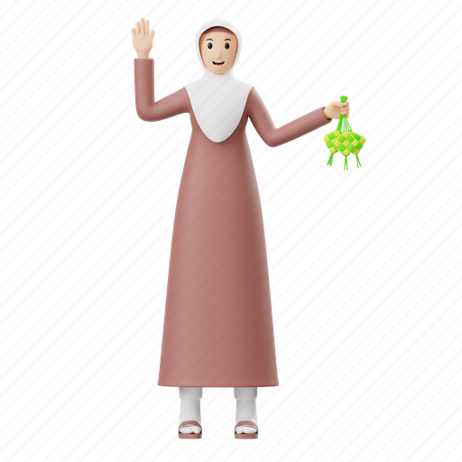 Muslim, woman, ketupat, celebration, happy, character, people 3D illustration - Download on Iconfinder