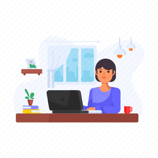 Workplace, workspace, female employee, girl, female freelancer illustration - Download on Iconfinder
