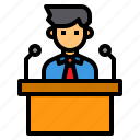 business, podium, present, speech, talk 