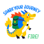 dragon character, walking, backpack, traveller, happy, laughing 