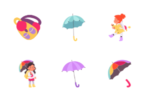 Children under umbrellas flat set