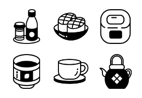 Set of Asian food illustrations in black and white style